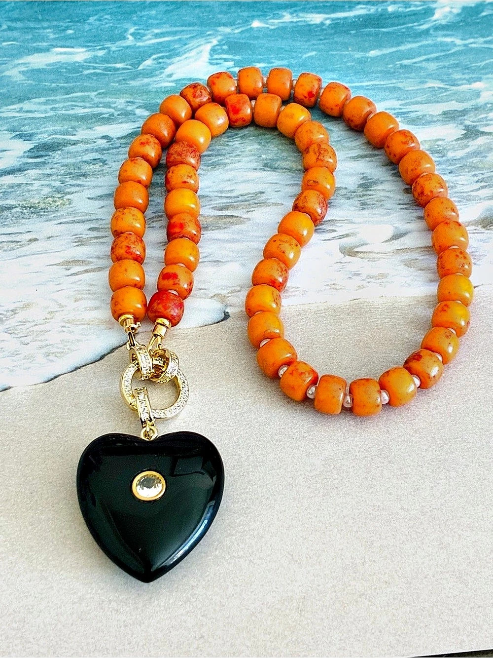 Orange Beaded Heart Pendant Necklace